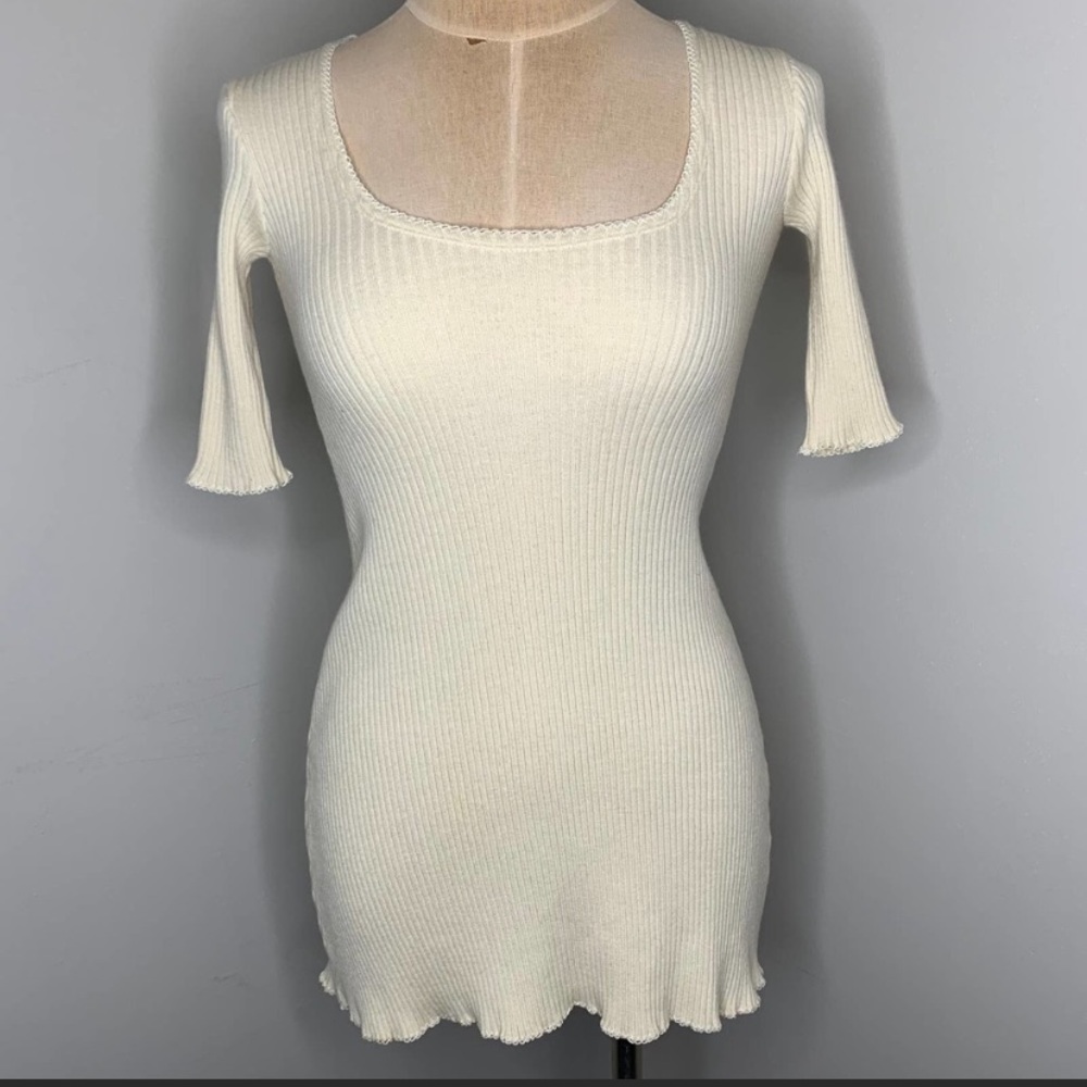 Plein Sud Ivory Short Sleeve Ribbed Mini Dress SM